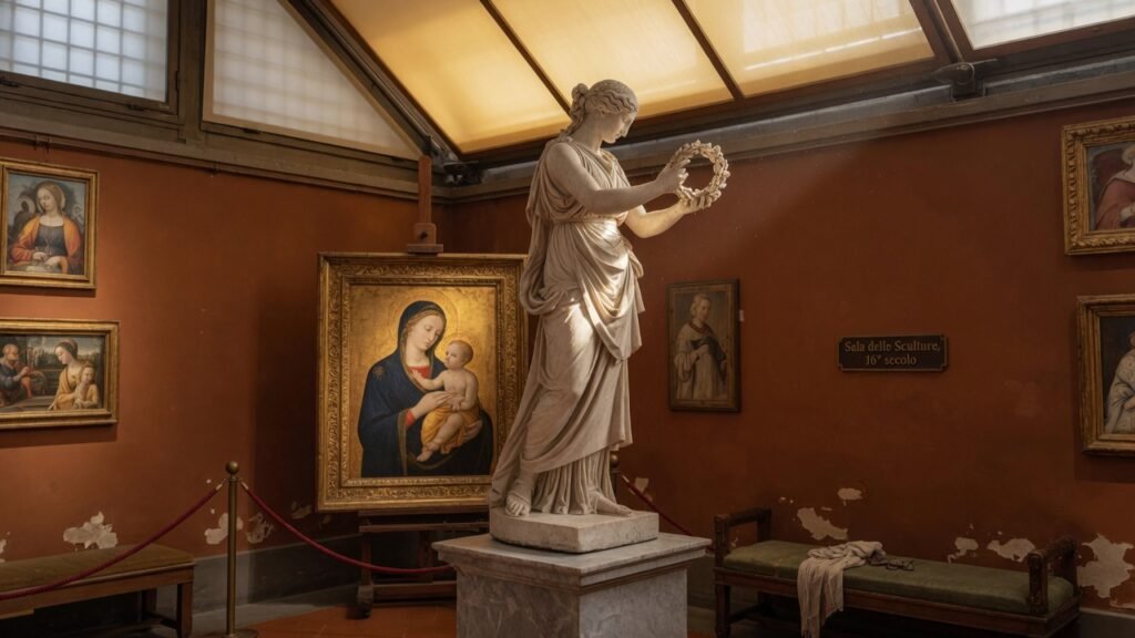 Galería de arte renacentista con escultura en mármol en Florencia