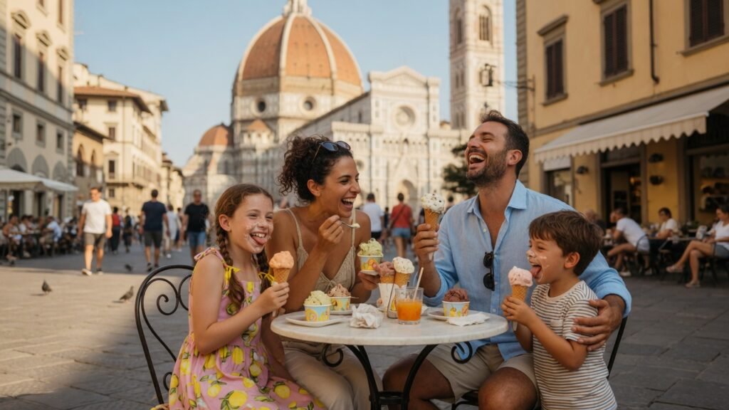 Familia comiendo gelato frente al Duomo de Florencia