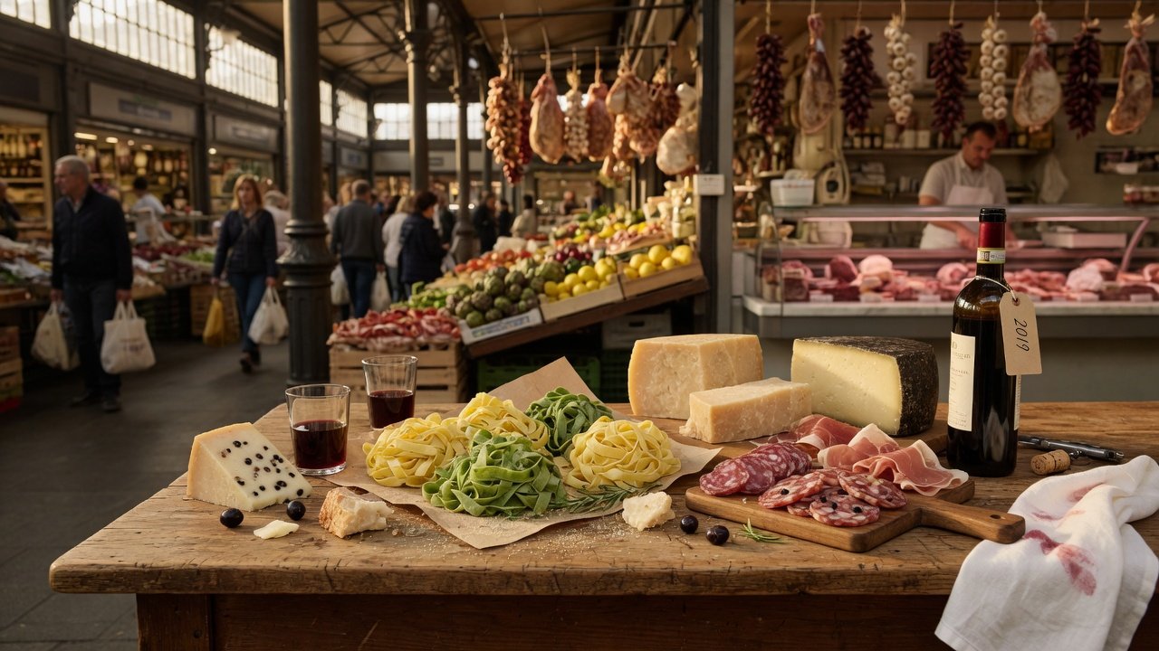 Mercado gastronómico florentino con pasta, quesos y embutidos