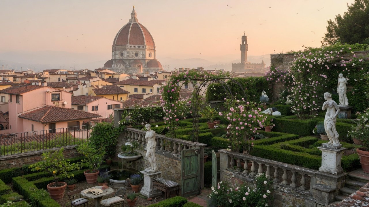 Jardín secreto renacentista con vistas al Duomo de Florencia