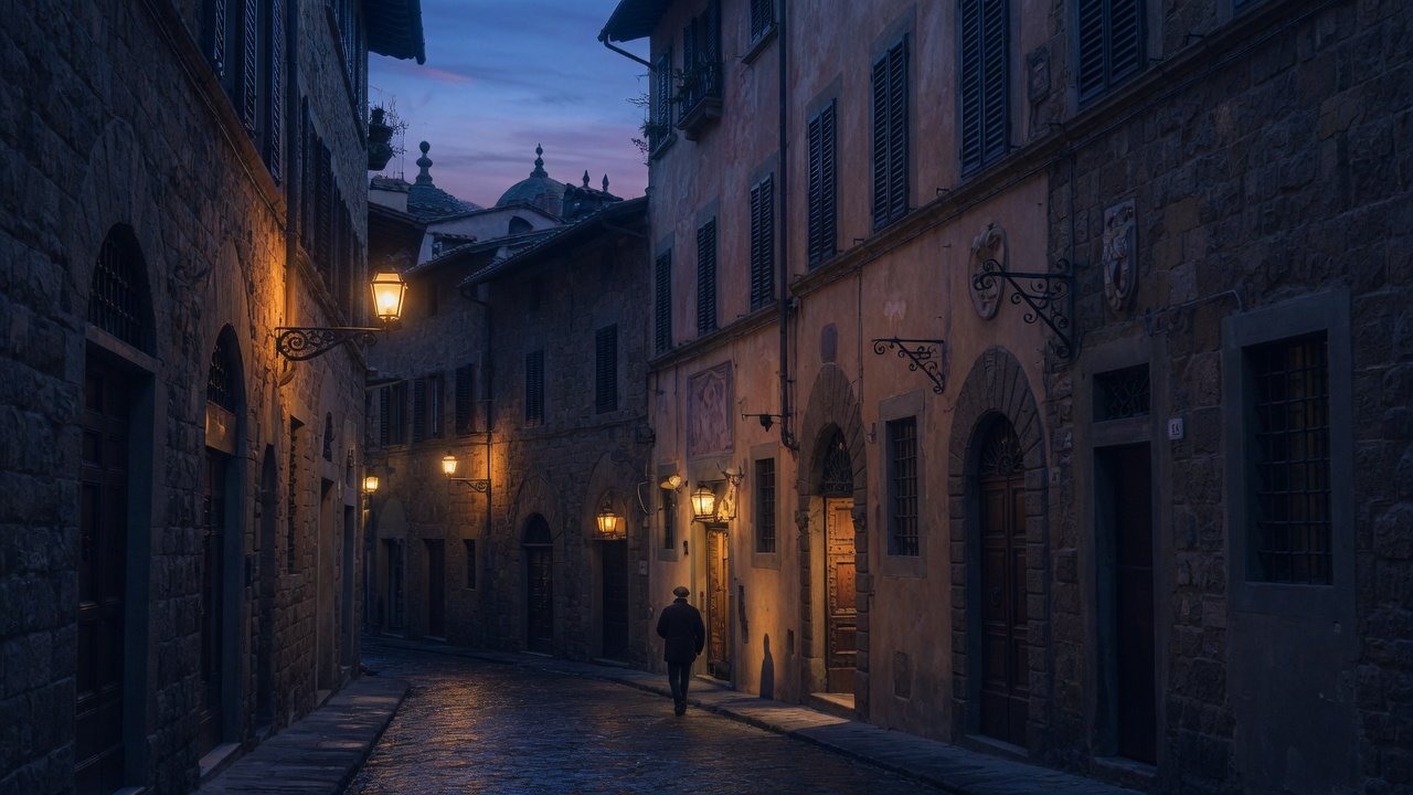 Calle medieval de Florencia de noche con faroles