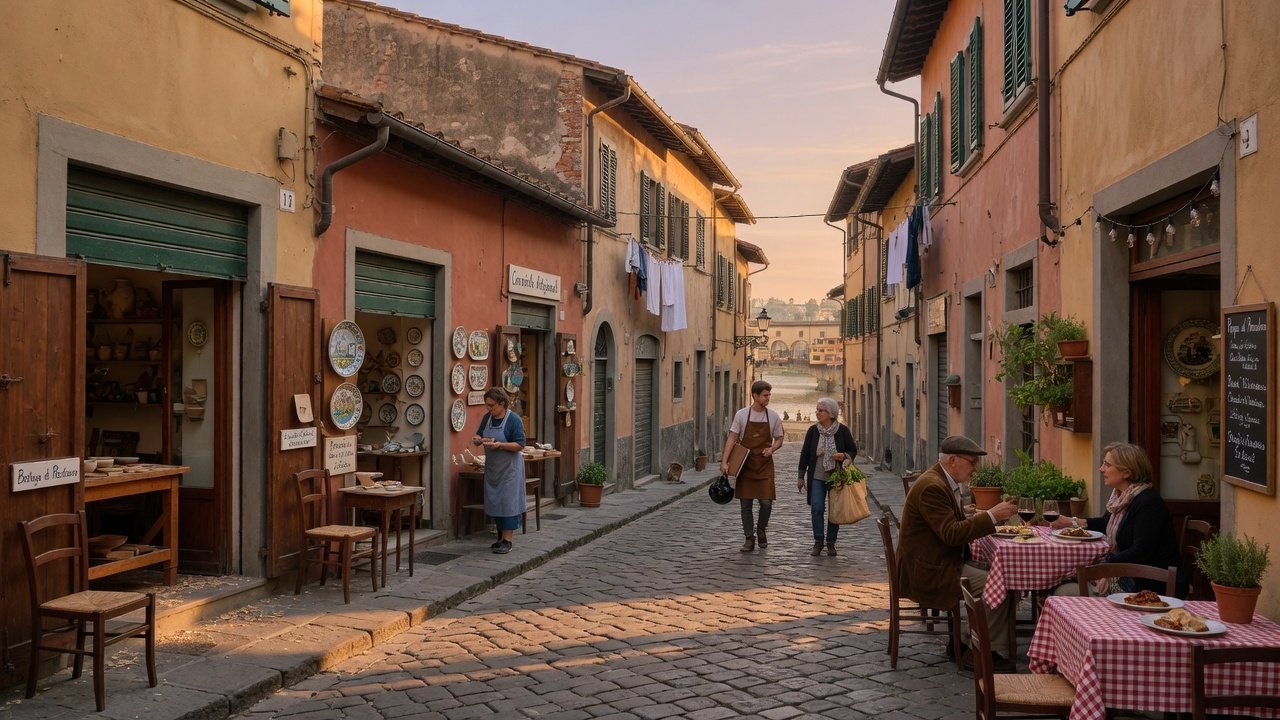 Calle artesana del barrio Oltrarno en Florencia