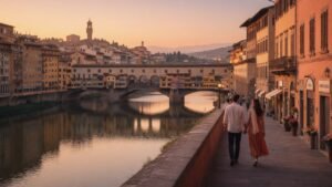 Pareja paseando al atardecer junto al Ponte Vecchio en Florencia