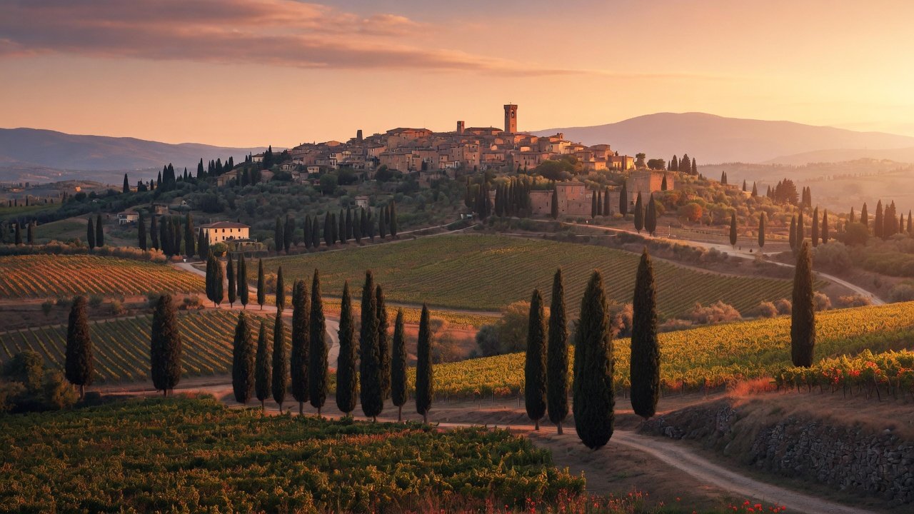 Colinas de la Toscana con viñedos y cipreses al atardecer
